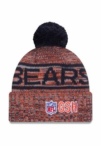 Strickmütze in Orange und Marineblau, mit einem Bommel oben, großen "BEARS"-Buchstaben und einem gestickten NFL-Logo-Patch.