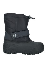 Botte d'hiver imperméable noire avec tige rembourrée, semelle en caoutchouc texturé, (jambière) ajustable, et bande auto-agrippante pour un maintien sécurisé.