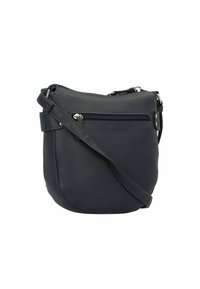 Dunkelblaue Leder-Crossbody-Tasche mit strukturiertem Finish, ausgestattet mit einer Reißverschluss-Tasche auf der Vorderseite und einem verstellbaren Schultergurt.