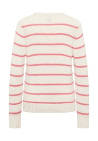 Strickpullover mit rundem Ausschnitt, der horizontale Streifen in Pink und Creme aufweist. Rippbündchen und Saum, Material aus Baumwollmischung.