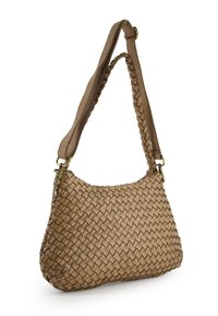 Woven leather handbag in light brown, featuring a curved shape, braided shoulder strap, and gold-tone hardware accents.