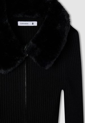Giacca nera a coste con colletto in pelliccia morbida e zip frontale, taglia piccola, del marchio Terranova.