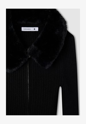 Giacca nera a coste con colletto in pelliccia morbida e zip frontale, taglia piccola, del marchio Terranova.