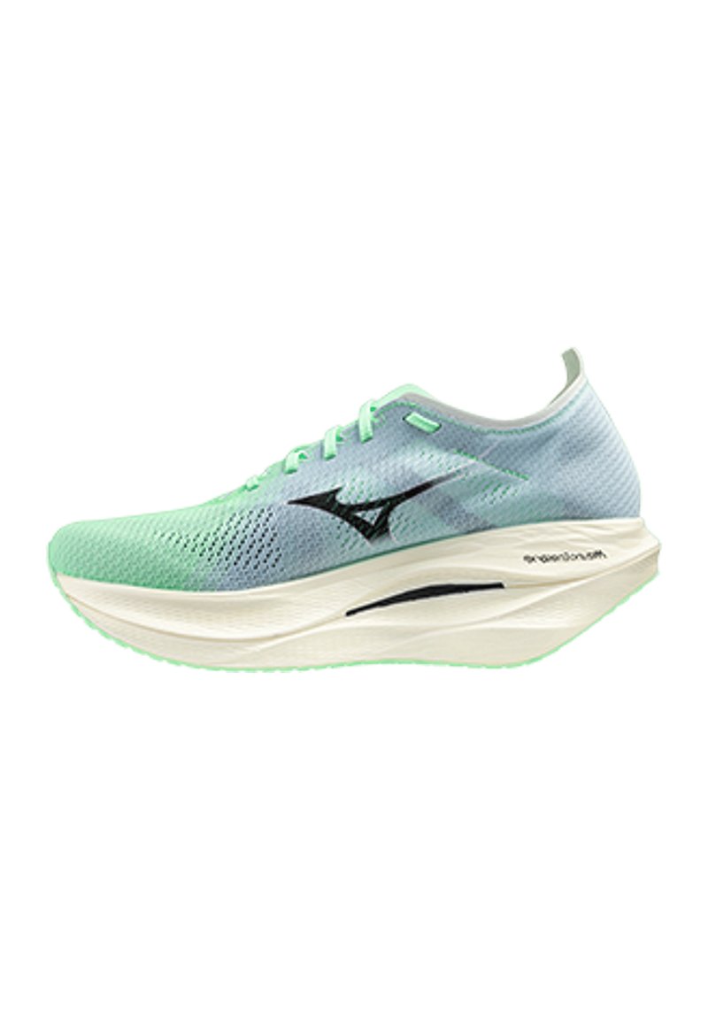 Scarpa da corsa leggera in mesh verde e blu, con suola bianca imbottita, logo nero e design aerodinamico per le prestazioni.
