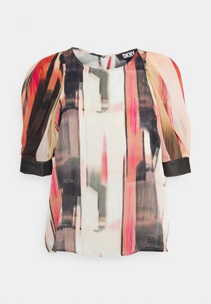 Korte mouw blouse met een kleurrijk abstract patroon, voorzien van doorschijnende pofmouwen, een ronde halslijn en een zwarte satijnen zoom.