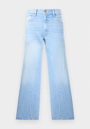 Blugi albastru deschis, cu talie înaltă și picioare largi, nasturi în față și fermoar, cu design cu cinci buzunare pe fundal alb.