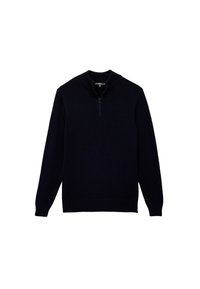 Sudadera con cremallera de color azul marino, hecha de un tejido de punto texturizado. Presenta un dobladillo y puños acanalados, con un cuello de media cremallera.