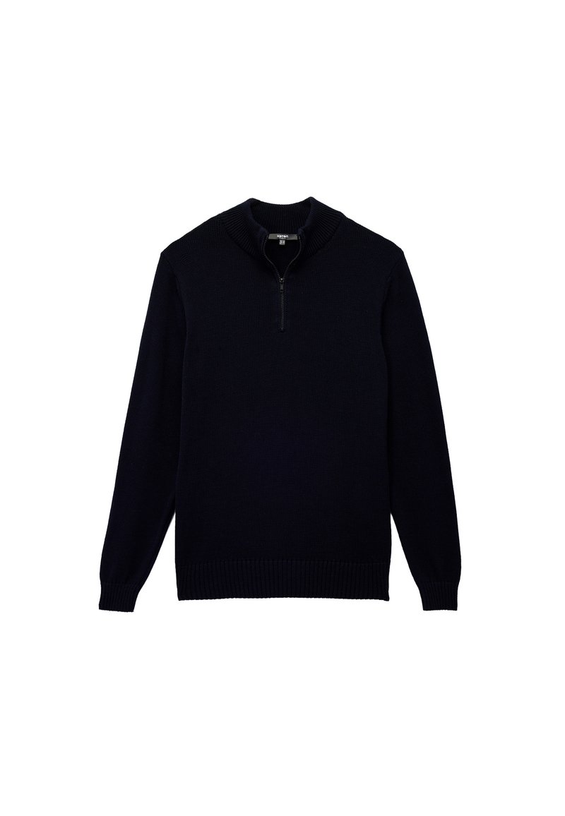 Sudadera con cremallera de color azul marino, hecha de un tejido de punto texturizado. Presenta un dobladillo y puños acanalados, con un cuello de media cremallera.