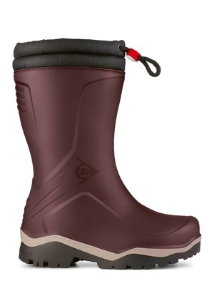 Brauner Gummistiefel für den Winter mit schwarzem gepolstertem Schaft, rotem Kordelzug, beiger Zwischensohle und schwarzer profilierter Außensohle.