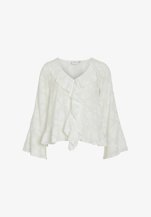 Hvit bluse med volangkant ved halsen og knytebånd foran. Har klokkeformede ermer og et subtilt blomsterprint i et lett stoff.