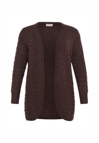 Cardigan en tricot marron avec un devant ouvert, présentant un motif de vagues texturé et des manches longues. Tissu doux avec des poignets et un ourlet côtelés.