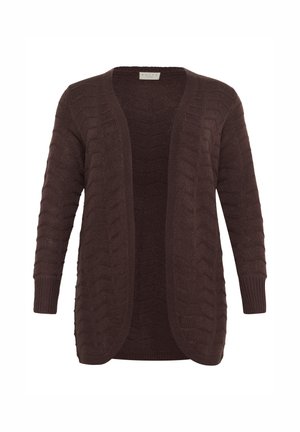 Brown knitted cardigan with an open front, featuring a textured wave pattern and long sleeves. Soft fabric with ribbed cuffs and hem.