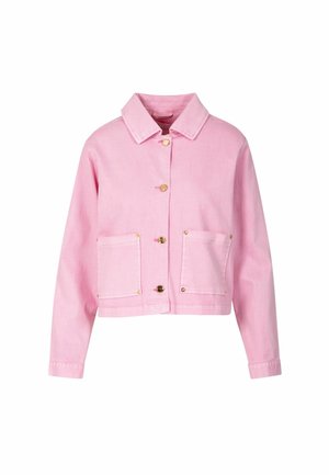 Pink denim jacket with a collared neckline, gold button closures, and two front pockets. Features a cropped design and long sleeves.