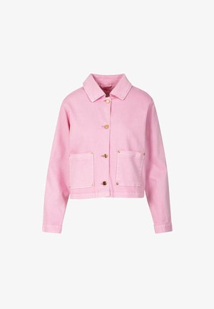 Ružová denimová bunda s golierom, zlatými gombíkmi a dvoma prednými vreckami. Má skrátený strih a dlhé rukávy.