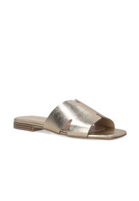 Zlaté metalické skluzavkové sandály s otevřenou špičkou, které mají dvě výřezové části a plochou podrážku. Hladký povrch s elegantním designem.