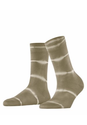 Paar Mid-Calf-Socken mit beigem und weißem Batikmuster, gerippten Bündchen und glatter Textur, stehend dargestellt.