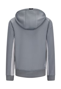 Jasnoszara bluza z kapturem wykonana z gładkiego materiału z białymi siateczkowymi panelami bocznymi, z prążkowanymi mankietami i dołem. Charakteryzuje się minimalistycznym designem z logo.