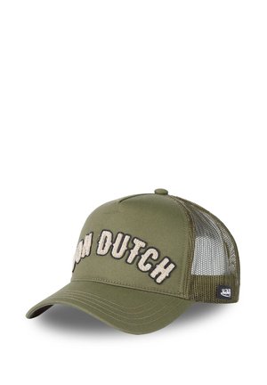 Casquette de baseball vert olive avec une visière incurvée, un dos en mesh et "RON DUTCH" brodé en crème et noir sur le devant.