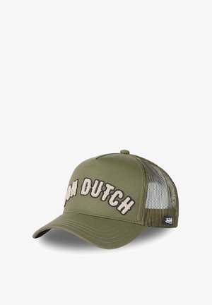 Casquette de baseball vert olive avec une visière incurvée, un dos en mesh et "RON DUTCH" brodé en crème et noir sur le devant.