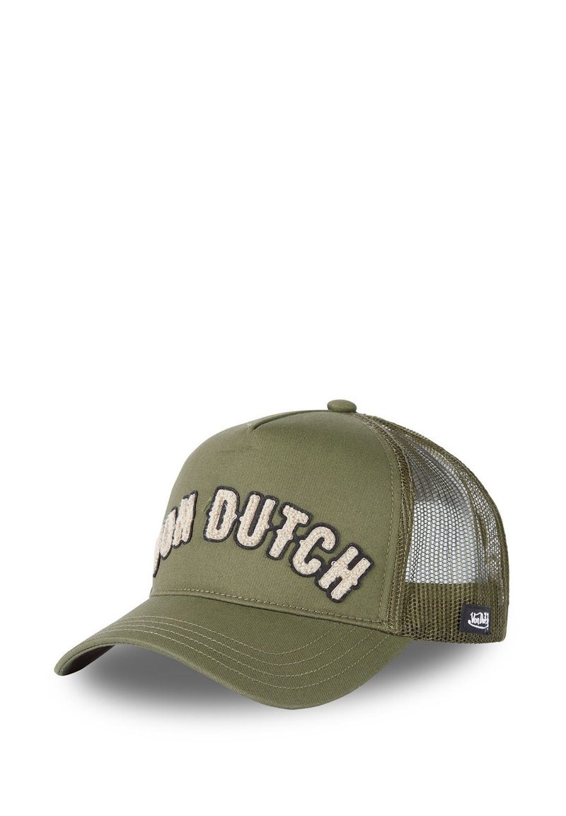 Gorra de béisbol verde oliva con visera curvada, parte trasera de malla y "RON DUTCH" bordado en crema y negro en la parte frontal.
