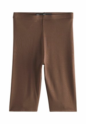 Brūnas ceļgalu garuma riteņbraukšanas šortos ar elastīgu jostu, gludu audumu un bez redzamām rakstu zīmēm vai logotipiem.