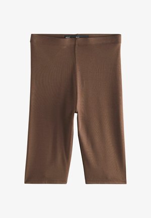 Hnědé cyklistické šortky do kolen s elastickým pasem, hladkým materiálem a bez viditelných vzorů či log.