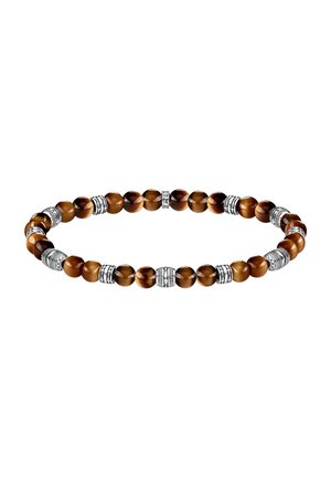Brown tiger's eye stone bead bracelet with silver decorative spacers evenly placed around the band on a white background.