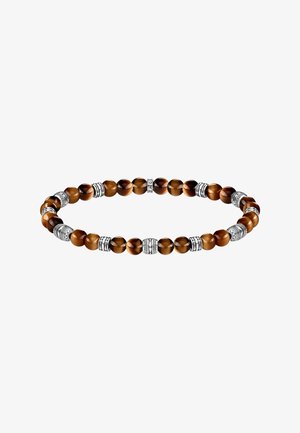 Braunes Tigerauge-Steinperlenarmband mit silbernen dekorativen Abstandshaltern, gleichmäßig um das Band auf weißem Hintergrund verteilt.