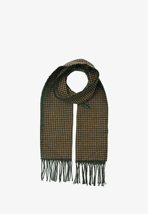 Houndstooth-mustriga sall pruuni ja rohelise tooniga, valmistatud pehmest materjalist ning äärteks on tussud, millel on tekstuuriga kootud viimistlus.