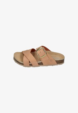 Light pink leather slide sandal with crisscross straps, a gold buckle, and a cork footbed on a textured rubber sole.