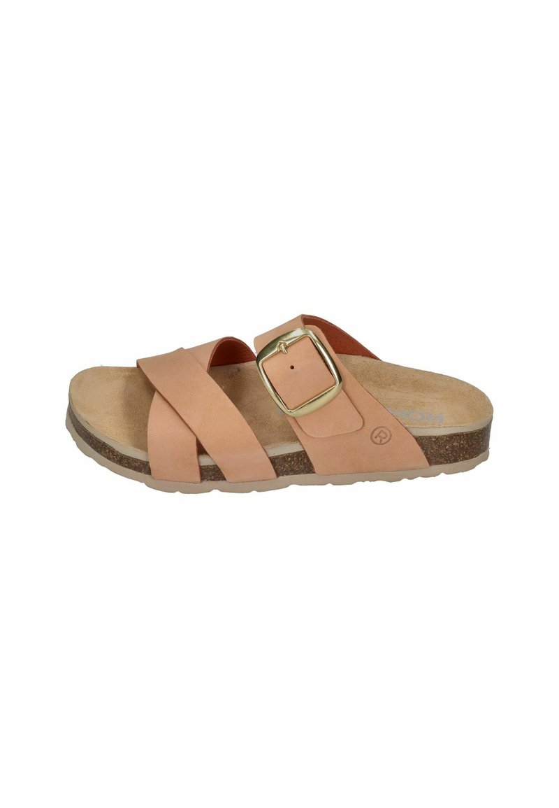 Light pink leather slide sandal with crisscross straps, a gold buckle, and a cork footbed on a textured rubber sole.