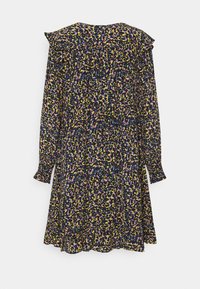 Robe à manches longues, longueur genou avec un motif floral abstrait multicolore en noir, jaune, rose et bleu, dotée d'un col et de poignets volants.