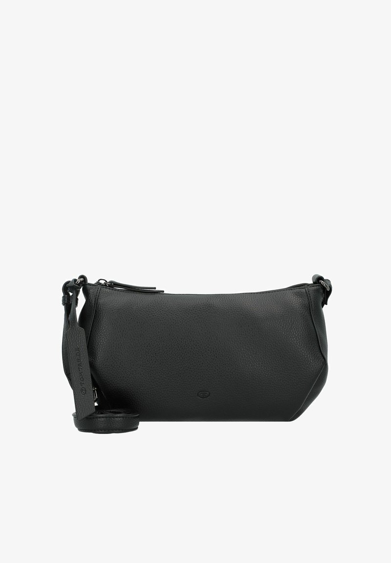 Zwarte lederen pouch tas met een gestructureerde afwerking, ritsluiting en afneembare schouderriem; beschikt over een subtiel logo aan de voorkant.