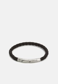 Braided black leather bracelet with a silver-toned magnetic closure. Features a smooth finish and rounded, flexible shape.