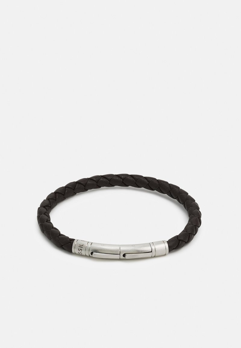 Braided black leather bracelet with a silver-toned magnetic closure. Features a smooth finish and rounded, flexible shape.