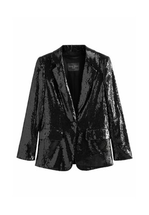 Blazer nero con un solo bottone, coperto di paillettes lucide, con rever a lancia e due tasche frontali con pattina.