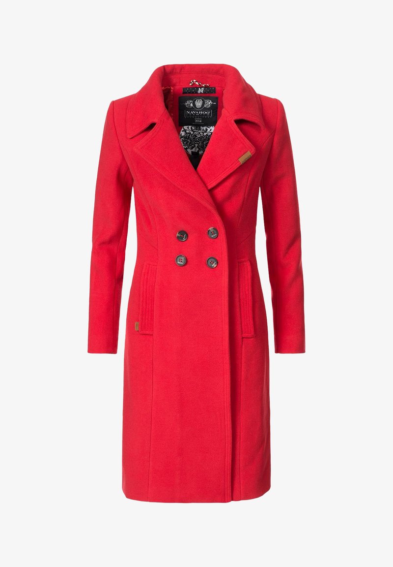 Red wool coat with a double-breasted design, black buttons, side pockets, and a notched collar. Features a patterned lining.