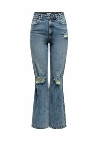 Jeans a vita alta di colore azzurro chiaro, svasati, realizzati in denim, con dettagli strappati e buchi sulle ginocchia e un classico design a cinque tasche.