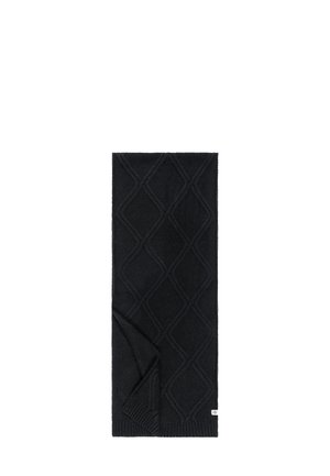 Schwarzer Strickschal mit einem Rautenmuster, weich in der Textur und mit einem schrägen Umschlag an einer Ecke. Kleines Logoschild am Rand.