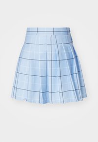 Ljusblå plisserad kjol med ett rutmönster, med vita och marinblå linjer. Tillverkad av ett mjukt tyg med ett fast midjeband.