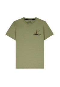 Olivengrøn bomulds t-shirt med korte ærmer. Har et trykt grafisk motiv af en person, der fisker fra en båd med teksten "FISKETERAPI."