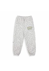 Hellgraue Jogginghose mit floralem Muster in dunklerem Grau. Verfügt über elastische Bündchen, einen Kordelzugbund und ein gelbes "GRIMEY"-Logo an der Seite.