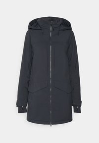 Parka noire résistant à l'eau avec capuche, fermeture éclair intégrale, deux poches avant et poignets ajustables. Texture lisse et design mi-long.