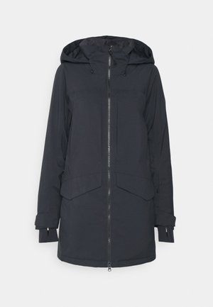 Wasserabweisende schwarze Parka mit Kapuze, durchgehendem Reißverschluss, zwei vorderen Taschen und verstellbaren Ärmelbündchen. Glatte Textur und mittellange Gestaltung.
