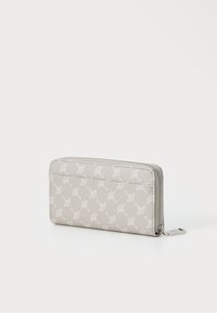 Gray textured wallet with a zip closure, featuring a white repeating pattern and a card slot on the back for storage.
