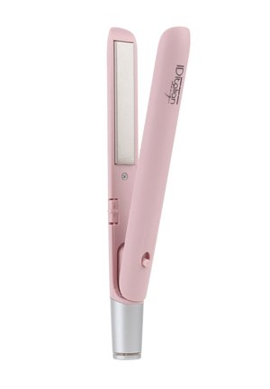 Plancha de pelo rosa con placas planas de calentamiento y punta plateada, parcialmente abierta, mostrando el logo de la marca en el mango.