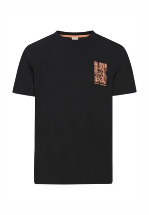 Black cotton t-shirt with a crew neck; features a small orange patterned graphic on the left chest area. Short sleeves, standard fit.