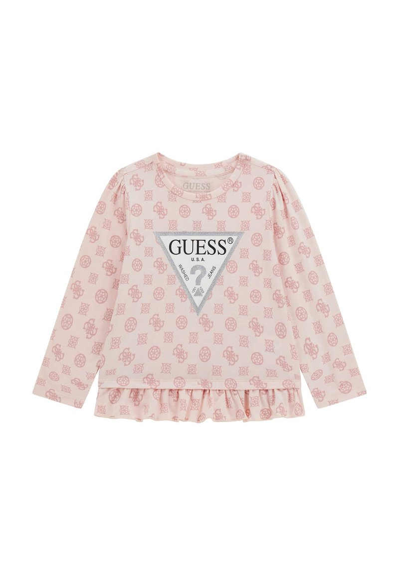 Camicia a maniche lunghe di un rosa chiaro con un motivo floreale su tutto il tessuto, un dettaglio logo triangolare al centro e un orlo a volant.