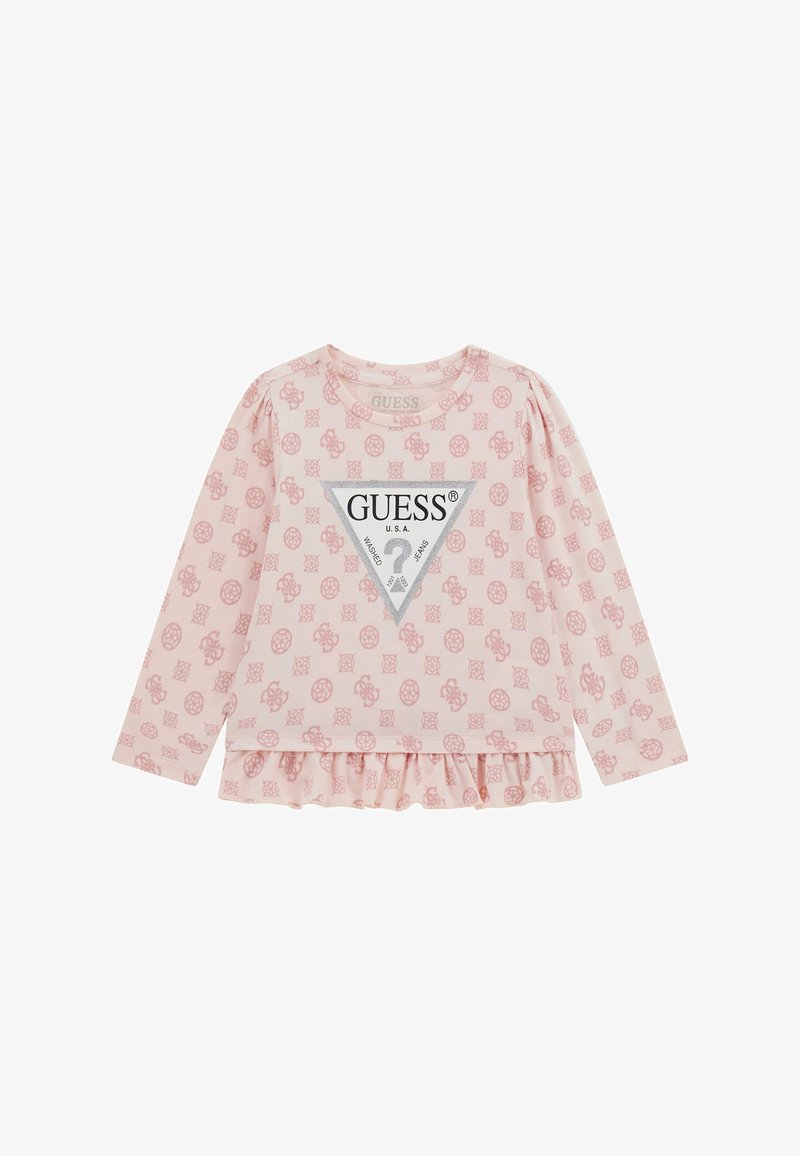 Camicia a maniche lunghe di un rosa chiaro con un motivo floreale su tutto il tessuto, un dettaglio logo triangolare al centro e un orlo a volant.