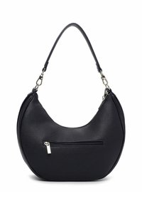 Sort læder hobo-taske med en tekstureret finish, en buet form og en aftagelig rem. Har en lynlåslomme med en sølvfarvet hardware-detalje.